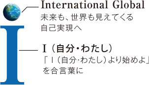 International Global 未来も、世界も見えてくる自己実現へ I （自分・わたし）「 I （自分・わたし）より始めよ」を合言葉に